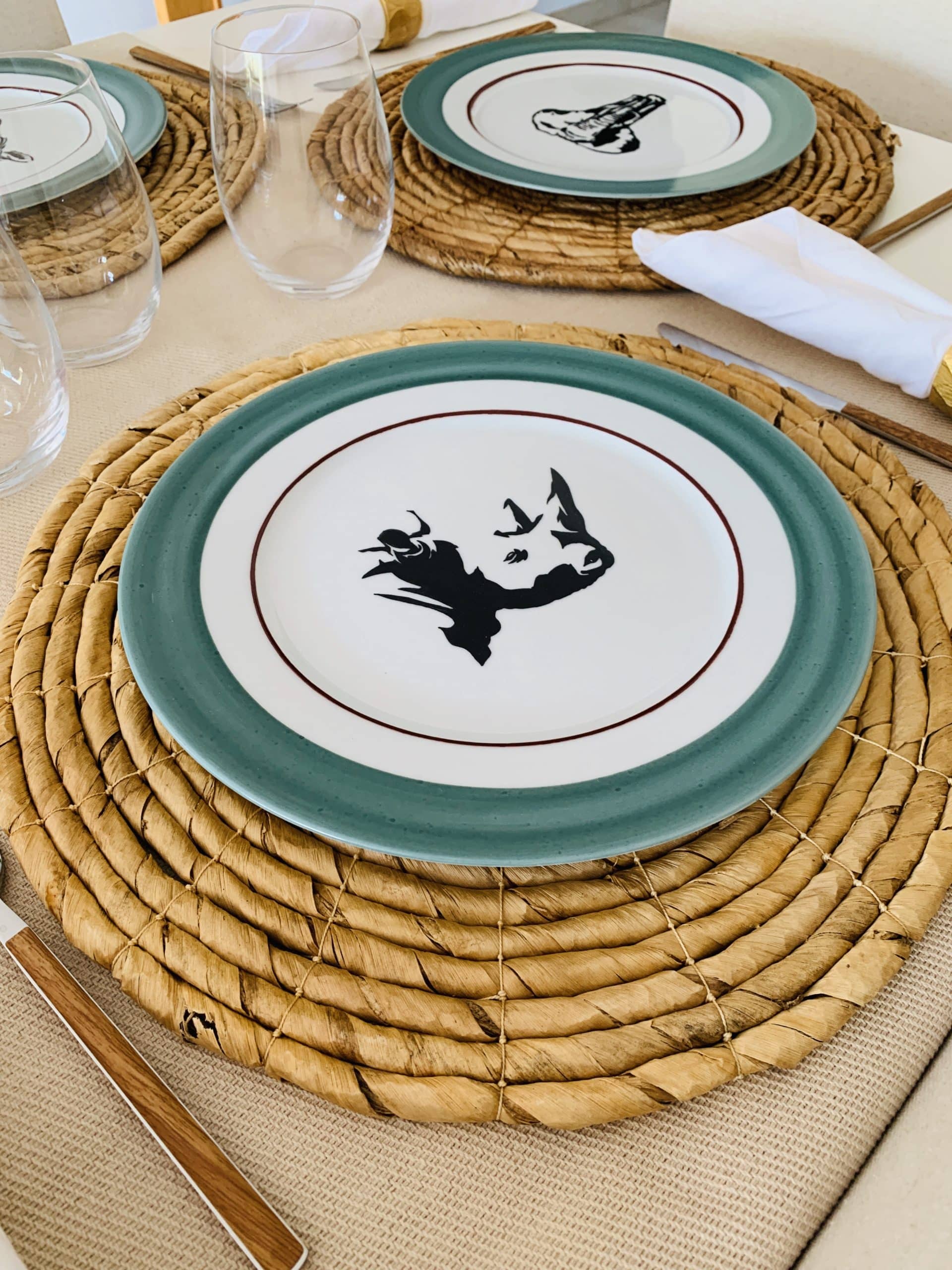 Taller de arte Verde Manzana Vajilla porcelana plato curso Set de 5 platos llanos de porcelana con diseño de animales. Cebra, Jirafa, León, Rinoceronte y Elefante. - Imagen 4