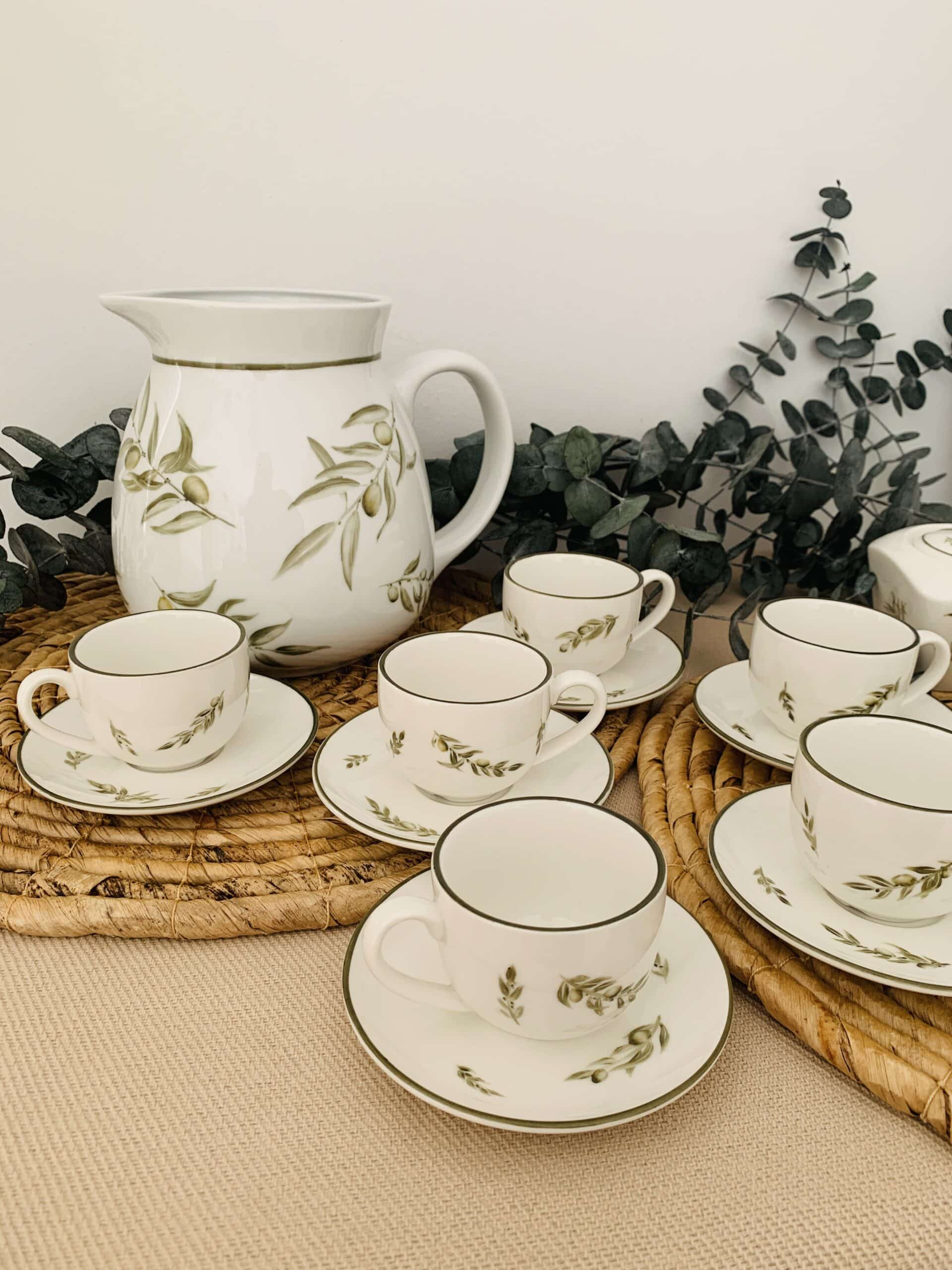 Taller de arte Verde Manzana Vajilla porcelana plato curso Juego de 8 tacitas café, lechera, azucarero y Jarra de Agua