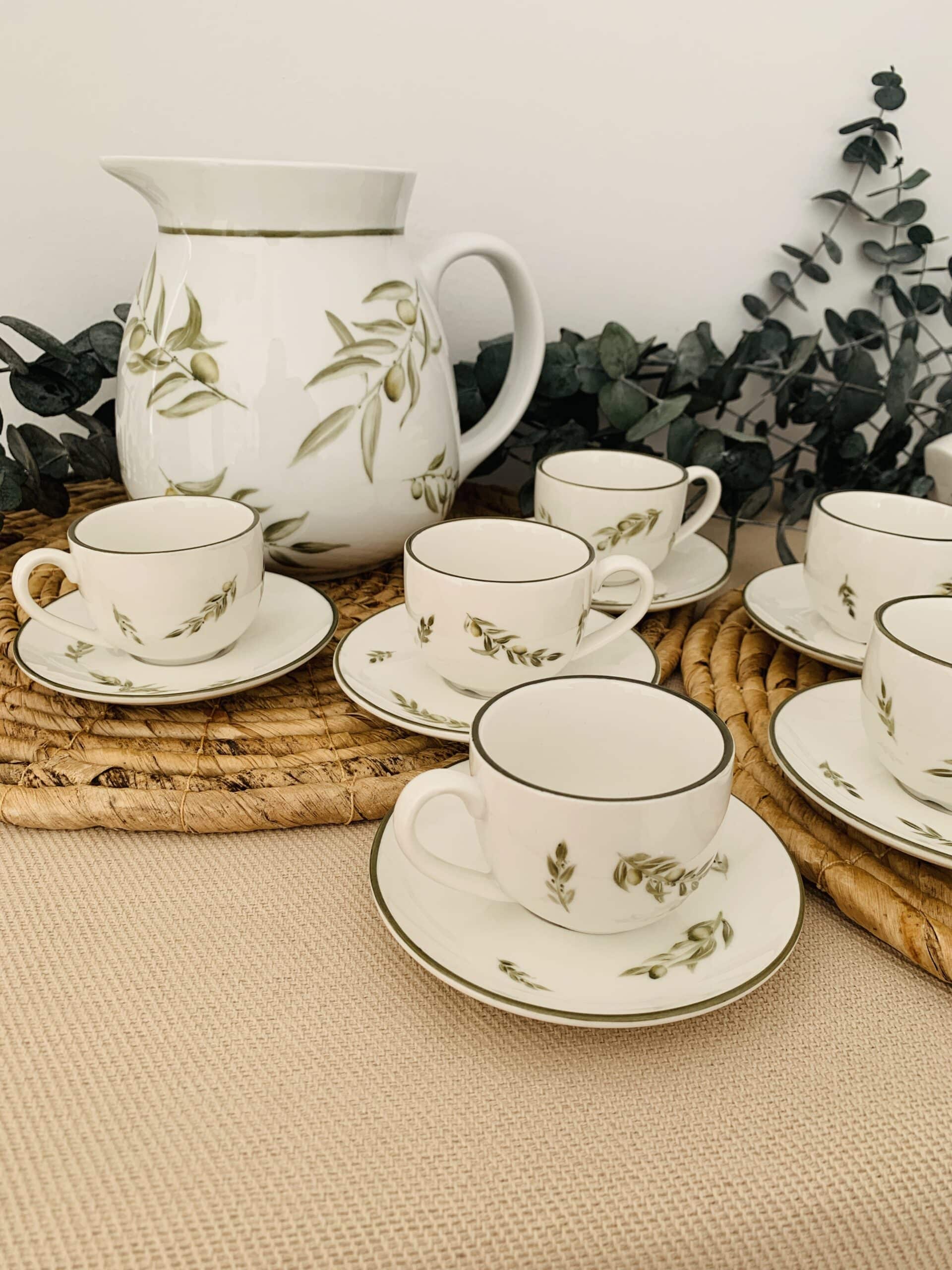 Taller de arte Verde Manzana Vajilla porcelana plato curso Juego de 8 tacitas café, lechera, azucarero y Jarra de Agua