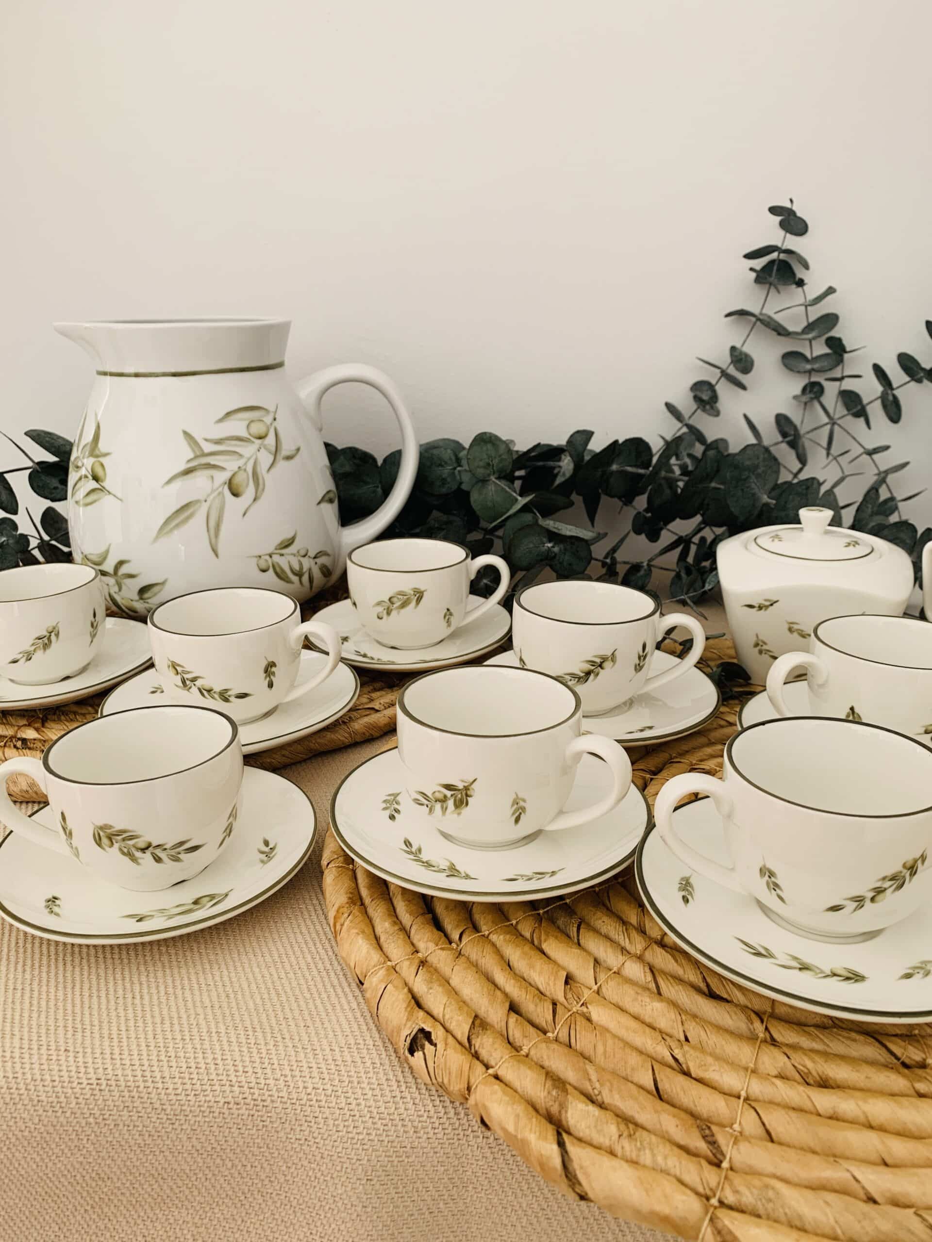 Taller de arte Verde Manzana Vajilla porcelana plato curso Juego de 8 tacitas café, lechera, azucarero y Jarra de Agua