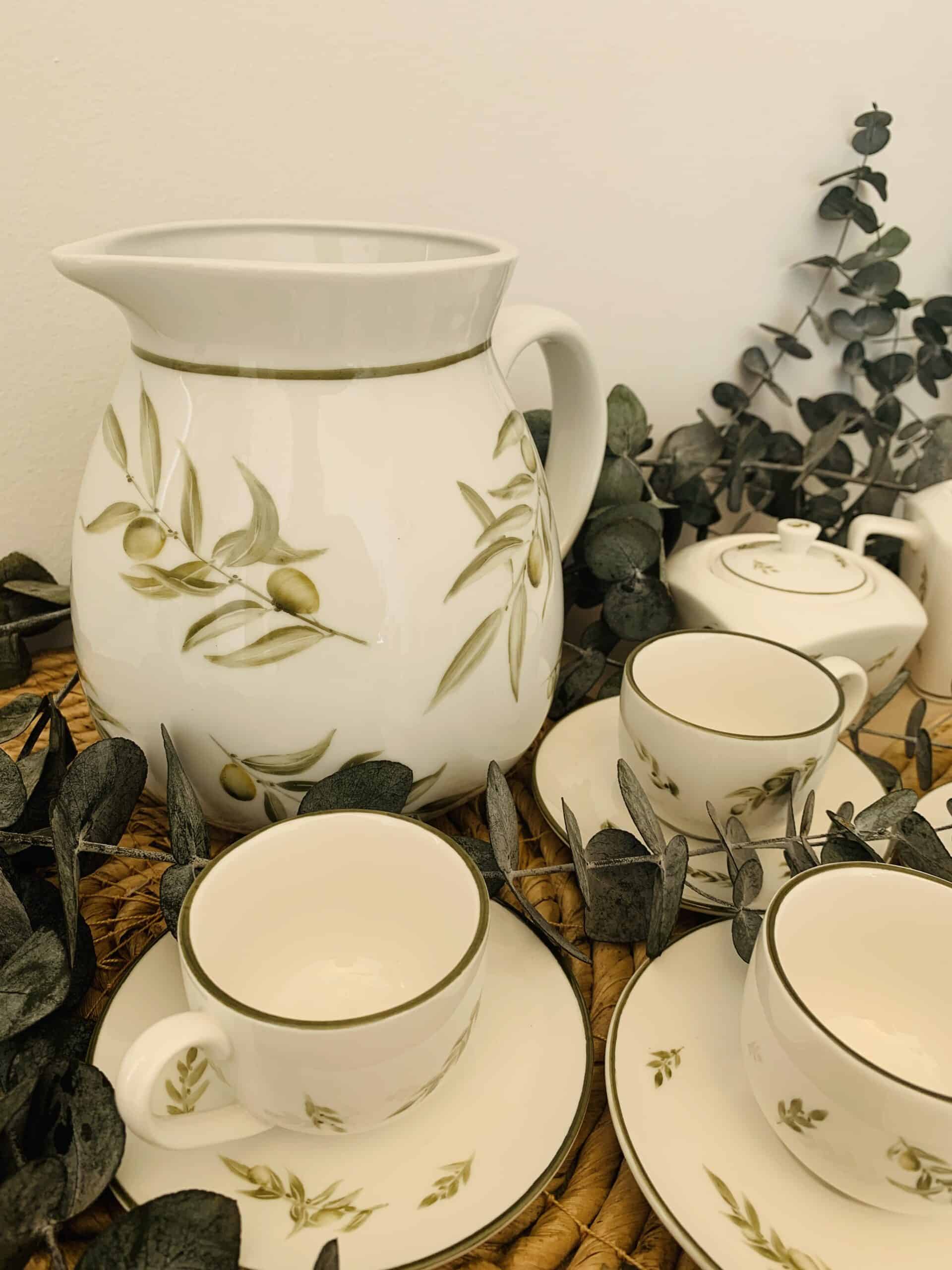 Taller de arte Verde Manzana Vajilla porcelana plato curso Juego de 8 tacitas café, lechera, azucarero y Jarra de Agua