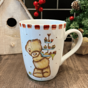 Taza de porcelana con osito y torre de dulces 10cm alto “ÚLTIMA”